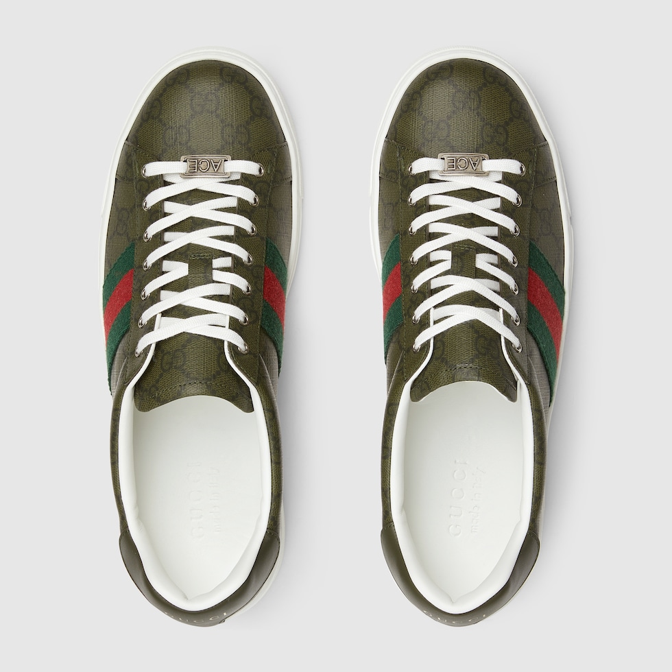 Men's Gucci Ace sneaker with Web in dark green GG Supreme