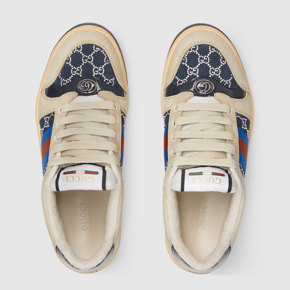 スニーカー GUCCI WOMENS SCREENER SNEAKER WITH CRYSTALS GG Women's GG crystal Screener sneaker in beige and dark brown