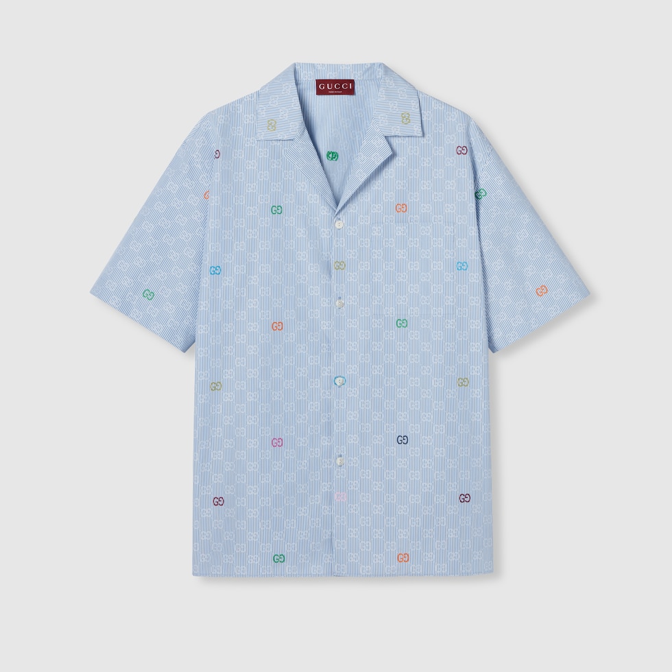 GUCCI ボウリングシャツ ストライプ コットン ボウリングシャツライトブルー＆ホワイト