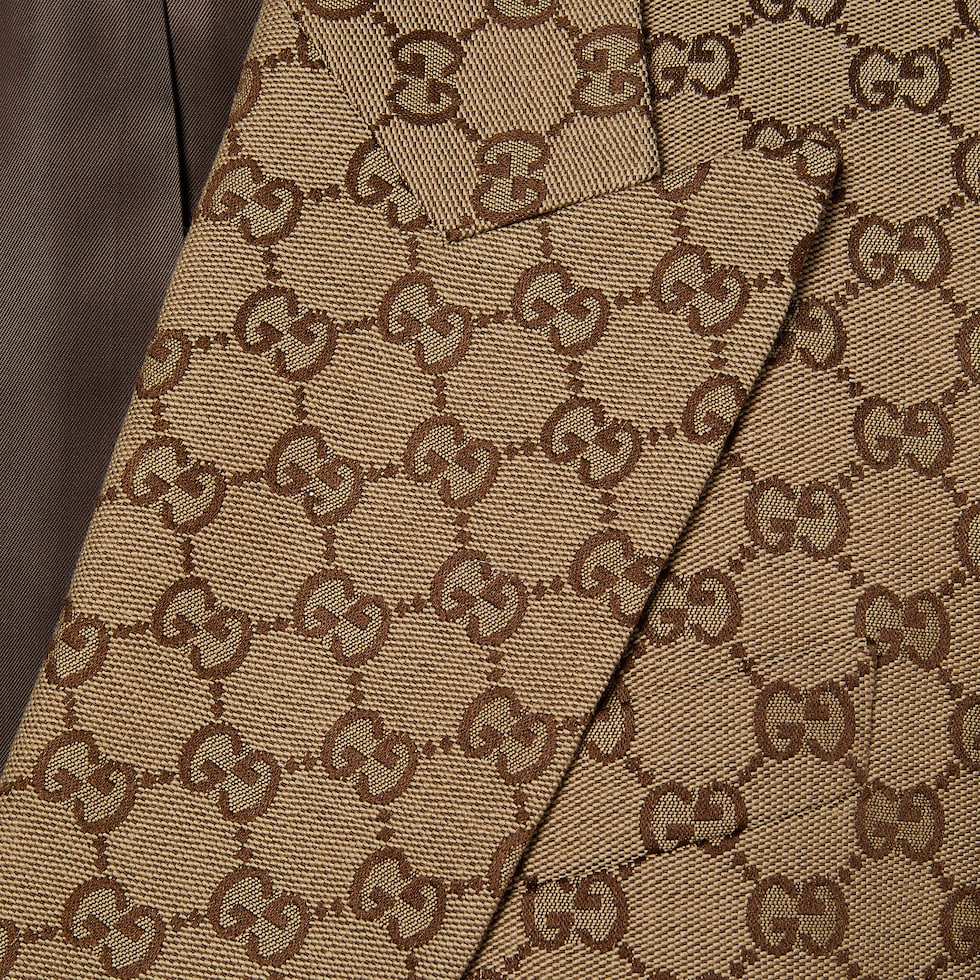 Double-breasted GG canvas jacket in camel and ebony | GUCCI® US