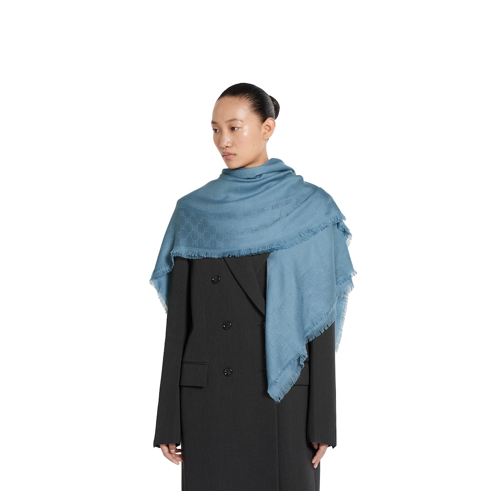 GG wool silk jacquard shawl in light blue | GUCCI® US