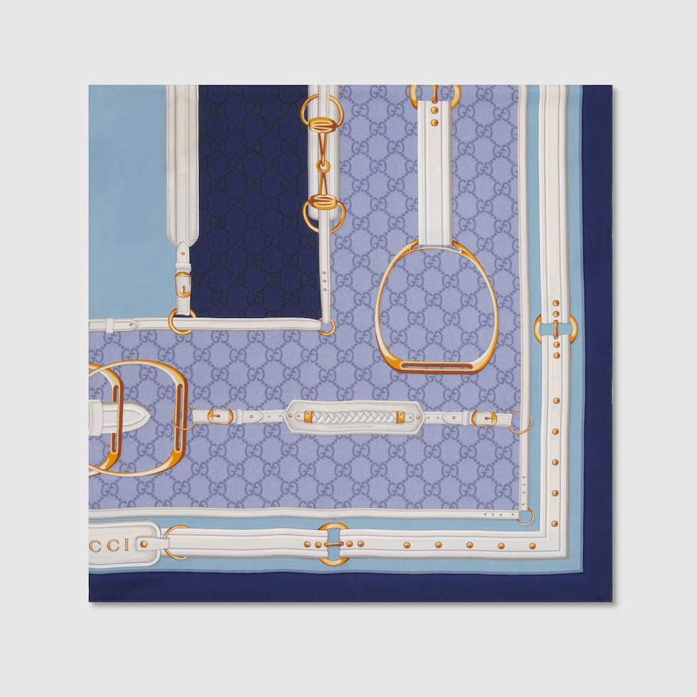 Printed silk twill carré in blue and light blue | GUCCI® SI