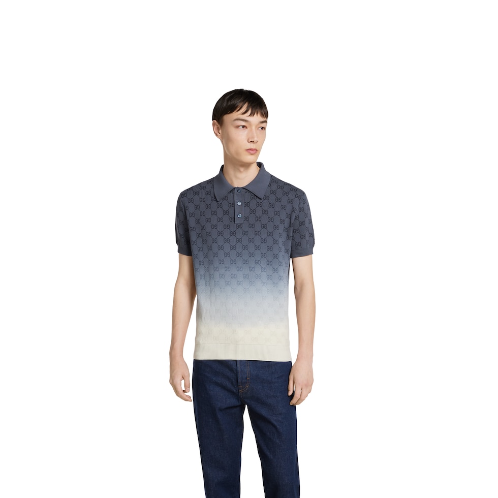 GG cotton knit jacquard polo shirt in gradient dark blue to
