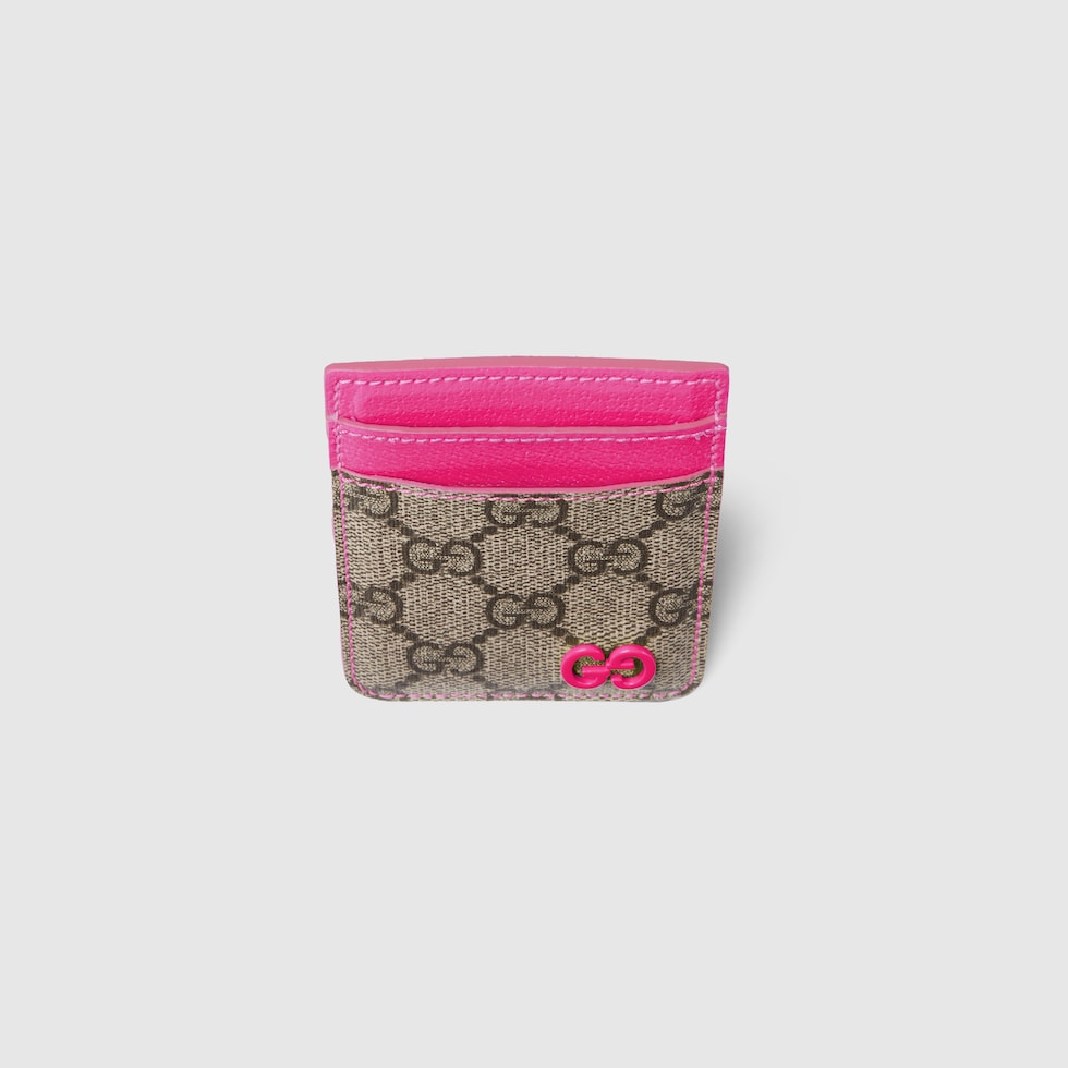 Bright pink trim magnetic card case in beige and dark brown
