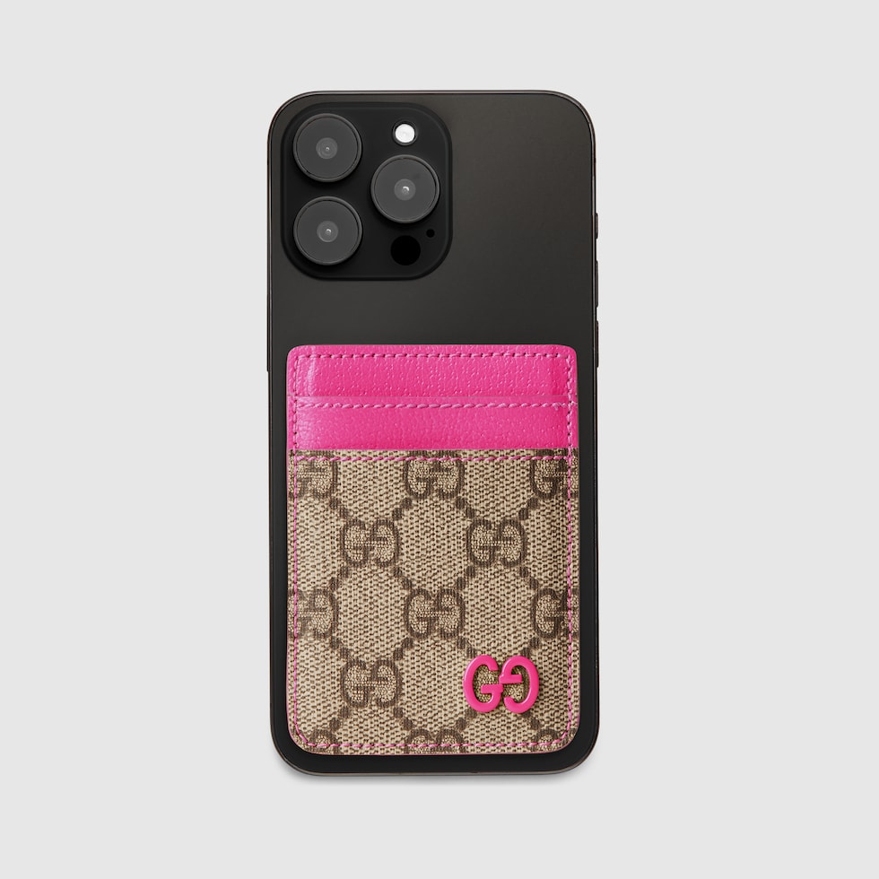 Bright pink trim magnetic card case in beige and dark brown