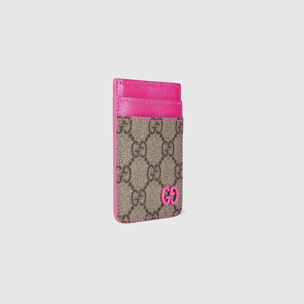 Bright pink trim magnetic card case in beige and dark brown