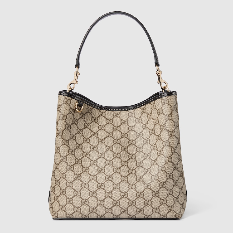 GG Emblem medium bucket bag in beige and dark brown fabric | GUCCI® US