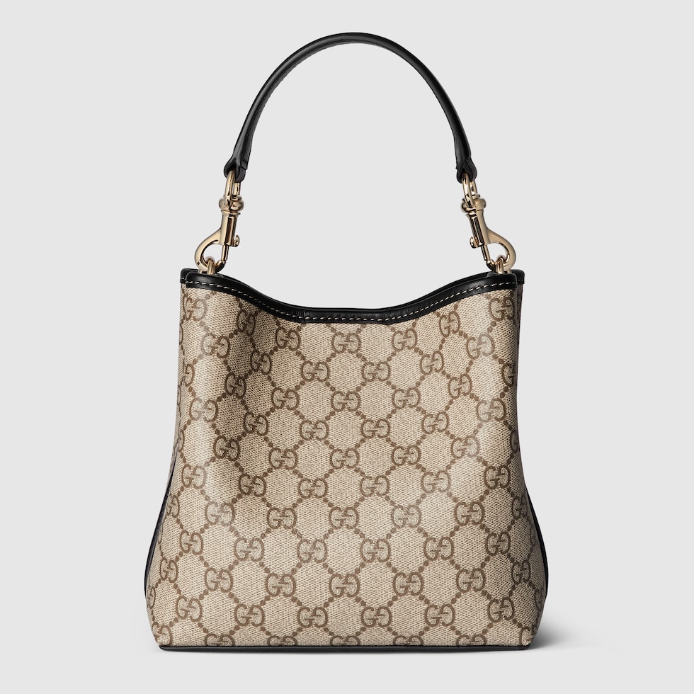 【GUCCI】GG EMBLEM SMALL BUCKET BAG GG Emblem small bucket bag in beige and dark brown fabric