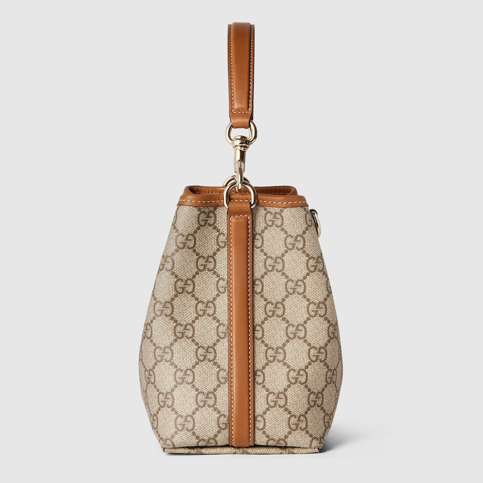 GG Emblem small bucket bag in beige and dark brown fabric