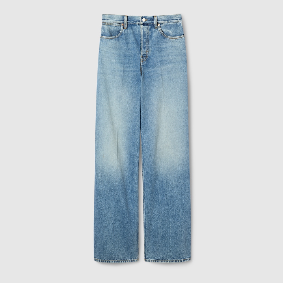 Wide leg denim pants in light blue | GUCCI® MX