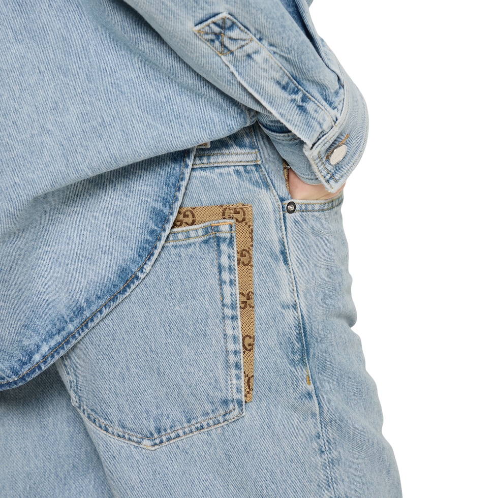 Washed denim pant with GG insert in light blue | GUCCI® NL
