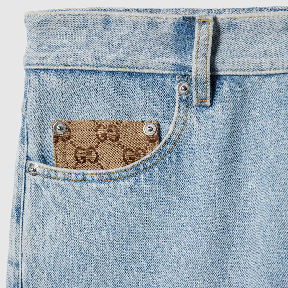 Washed denim pant with GG insert in light blue | GUCCI® US