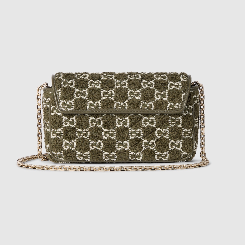 【GUCCI】GG MARMONT MINI BAG GG Marmont mini shoulder bag in dark green and ivory bouclé