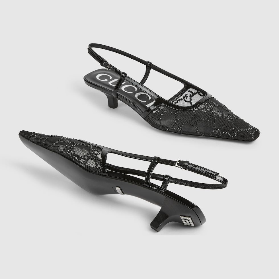 Women's GG crystal slingback pump in black mesh | GUCCI® US