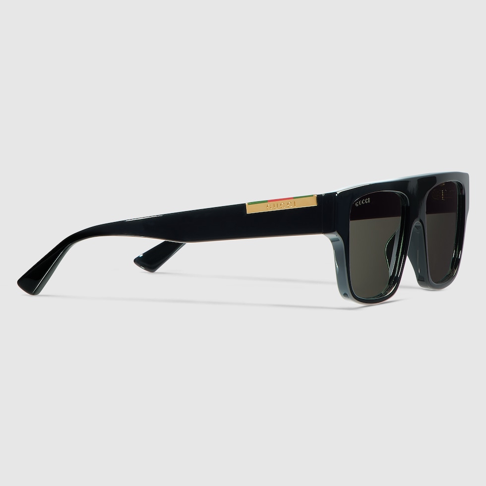 鉋　正よし Shiny Black Acetate Rectangular Frame Sunglasses With Grey Lens
