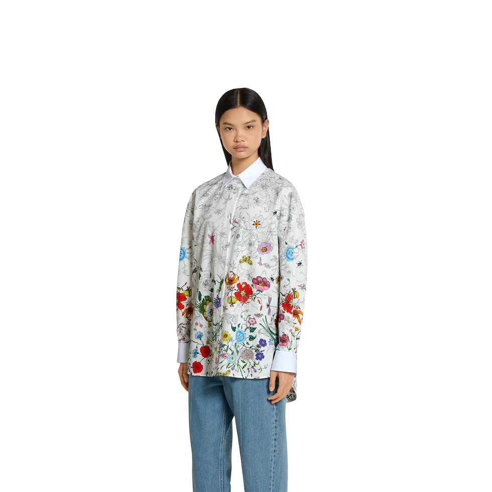Printed cotton poplin shirt in white and multicolor | GUCCI® US