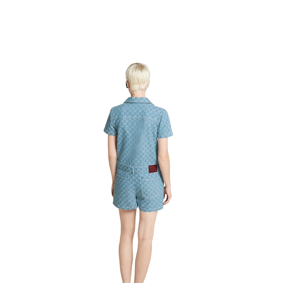 GG denim jacquard jumpsuit in blue and ivory | GUCCI® US