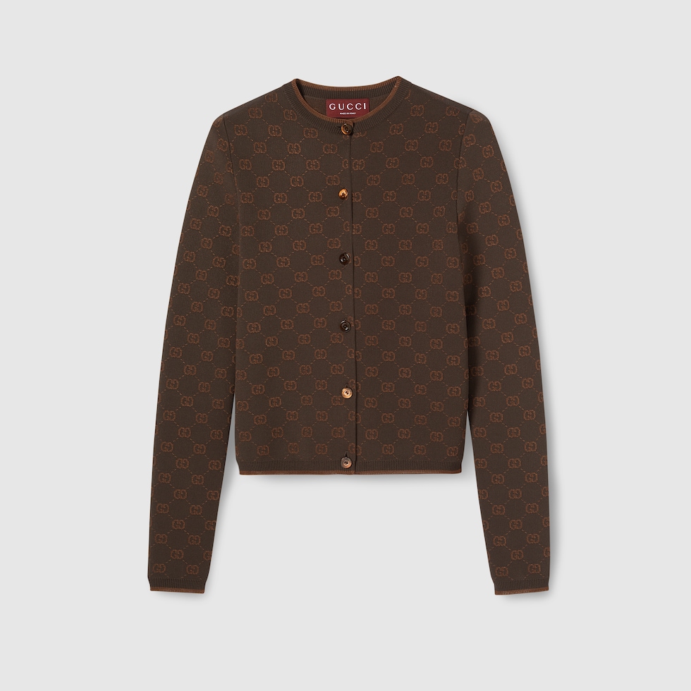 Stretch GG viscose jacquard cardigan in dark brown | GUCCI® US