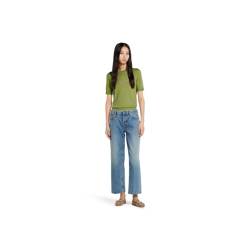 Cashmere and silk top with intarsia in green | GUCCI® US