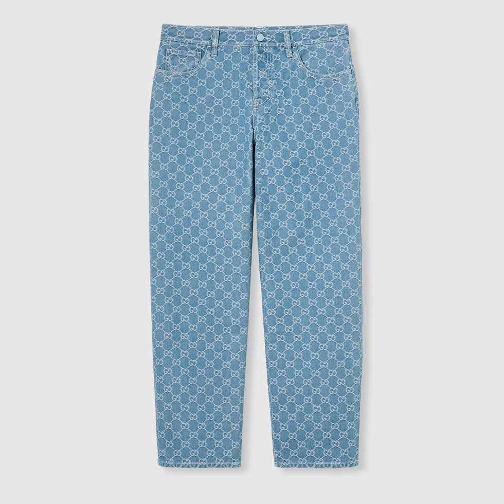 GG denim jacquard pants in blue and ivory | GUCCI® US