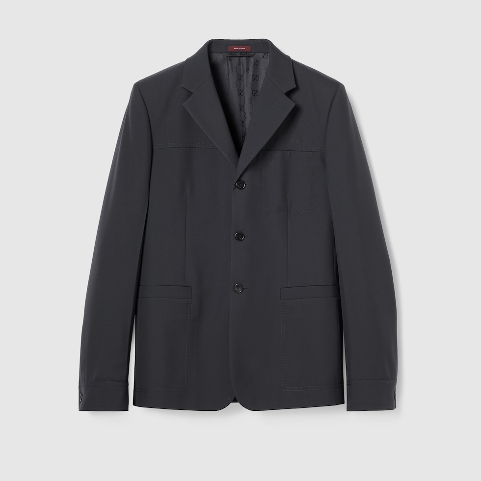 【GUCCI】WOOL TWILL SINGLE-BREASTED JACKET●813982Z7AL12129 Single-breasted wool twill jacket in dark grey | GUCCI® LU
