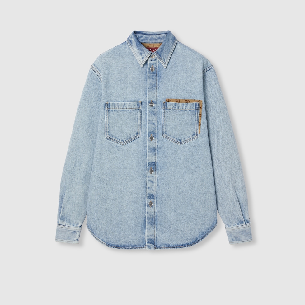 シャツ WONDER Chemical Washing Denim Shirt (2color) Washed denim shirt with GG insert in light blue | GUCCI® US