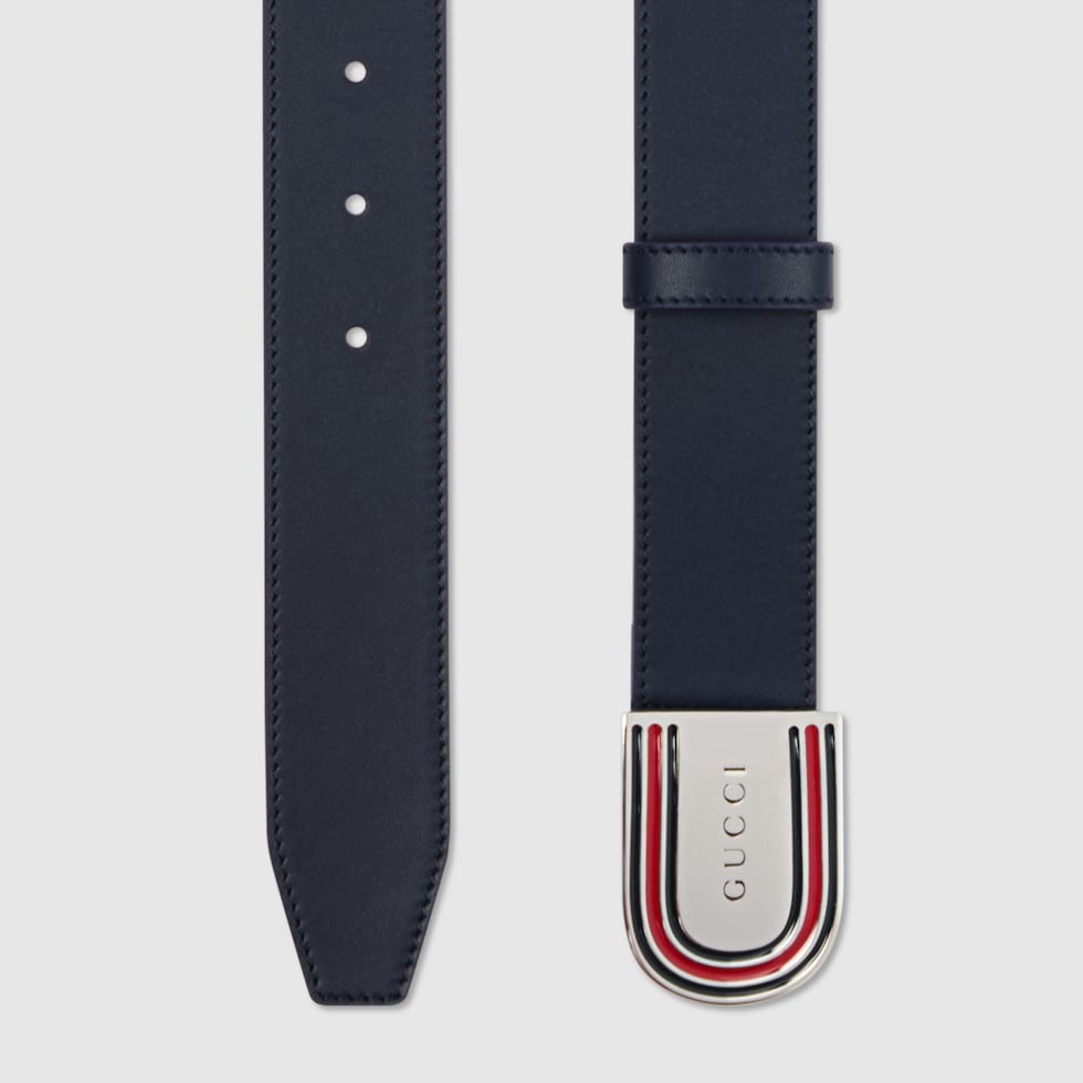 Belt with enameled Web detail buckle in dark blue leather