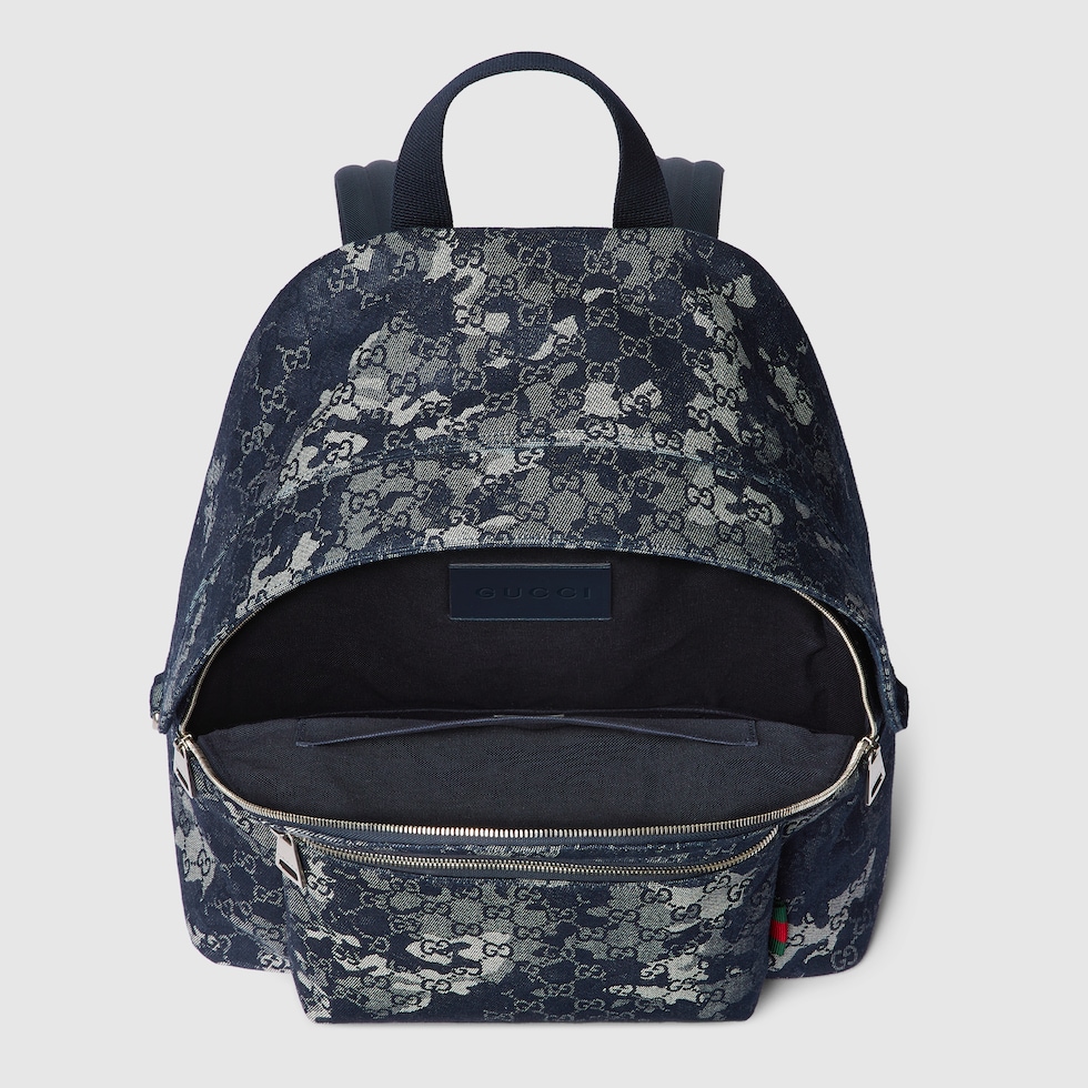 GG denim large backpack in dark blue GG denim | GUCCI® US