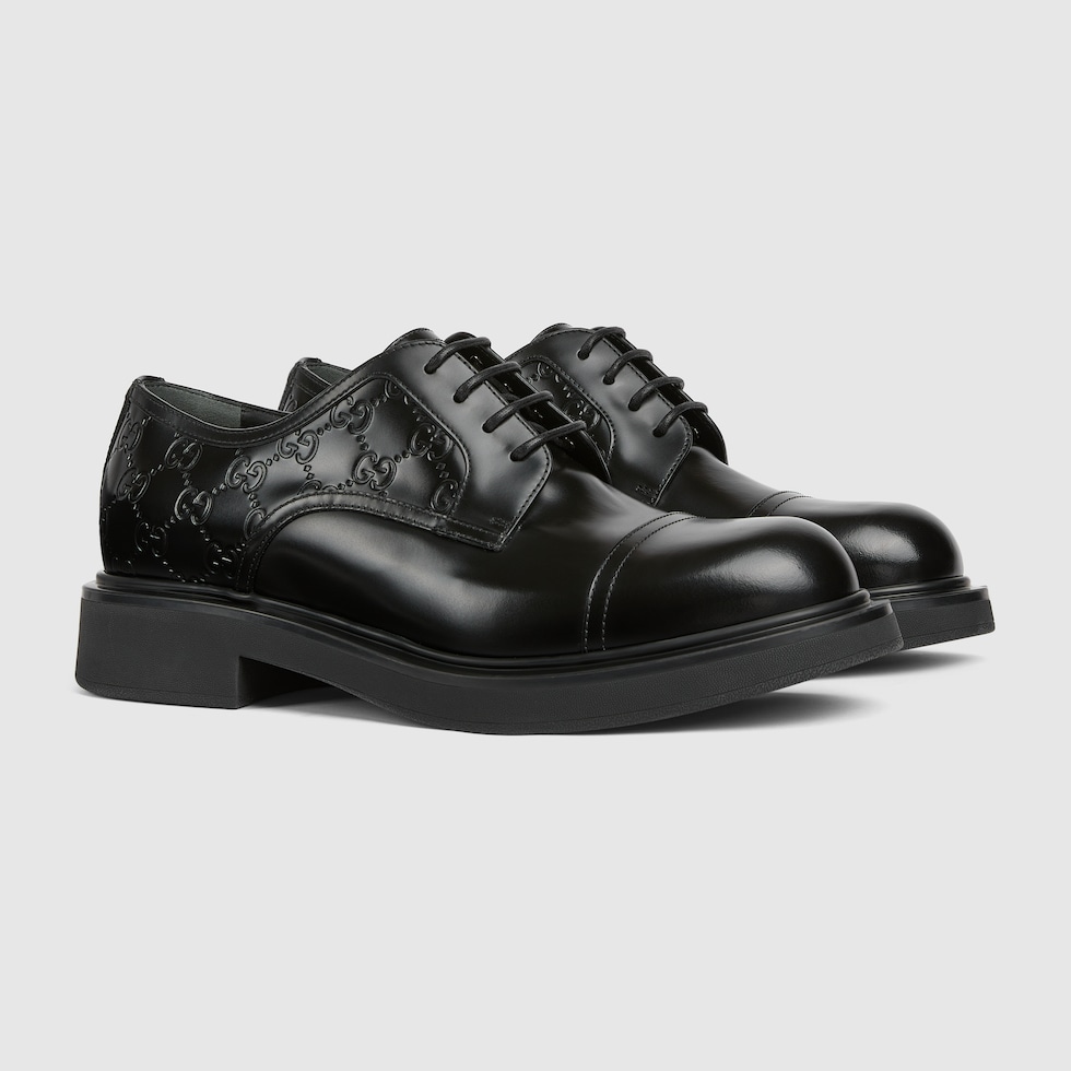 Men's lace-up shoe with GG detail in black leather | GUCCI® UK