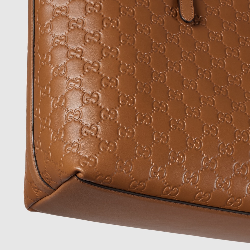 トートバッグ Gucci Gg Emblem Large Shopping Bag In Gg Leather GG Emblem large tote bag in beige and dark brown fabric