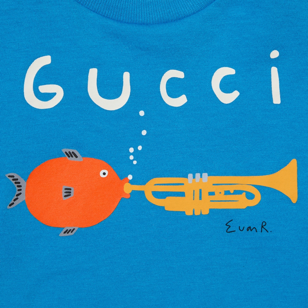 Baby cotton T-shirt with print in light blue | GUCCI® CA