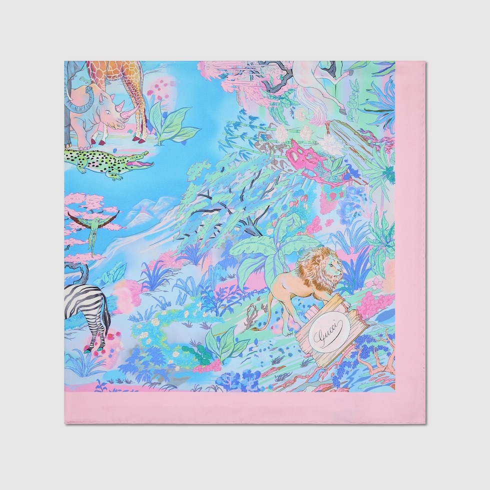 90 x 90 project printed silk carré in light blue and pink