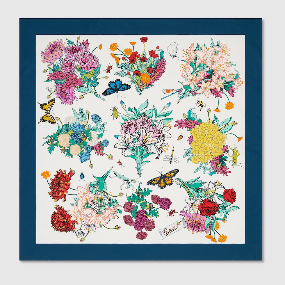 90 x 90 project printed silk carré in white and blue | GUCCI® CA