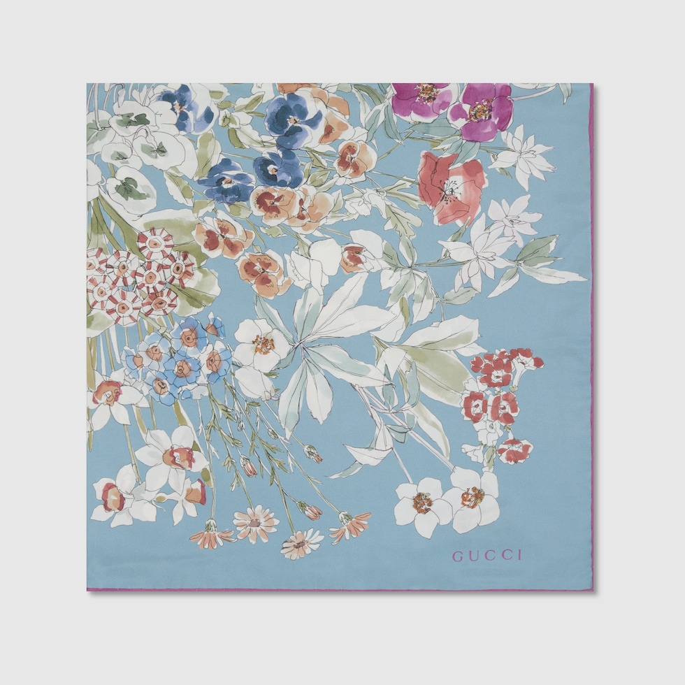 Printed Silk Twill Carré in Light Grey and Multicolour main image 1