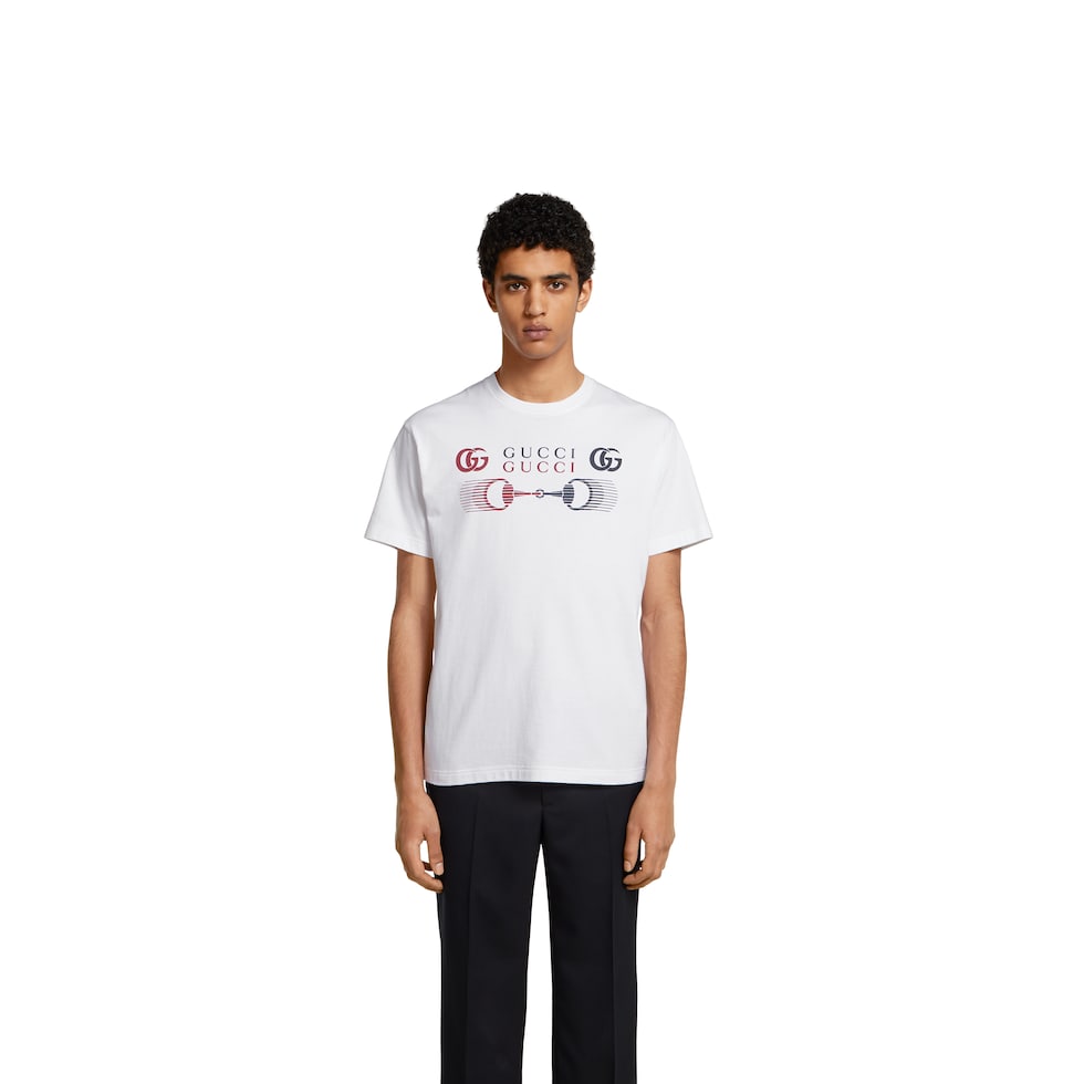 ◆GUCCI◆ PRINTED COTTON JERSEY T-SHIRT Tシャツ Printed cotton jersey T-shirt in navy | GUCCI® US