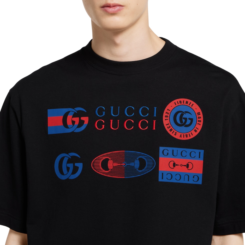 Printed cotton jersey T-shirt in black | GUCCI® US