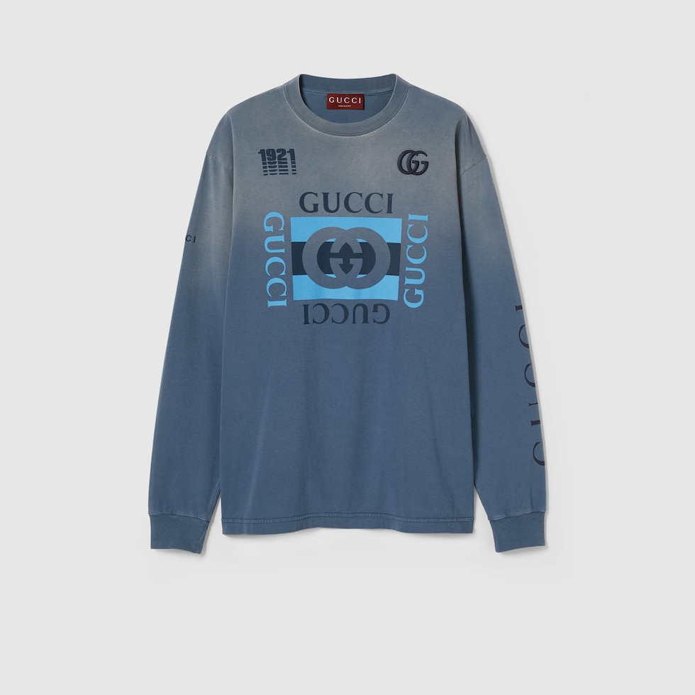 Tシャツ・カットソー LONG HAUL COTTON T-SHIRT Printed cotton jersey T-shirt in blue | GUCCI® US