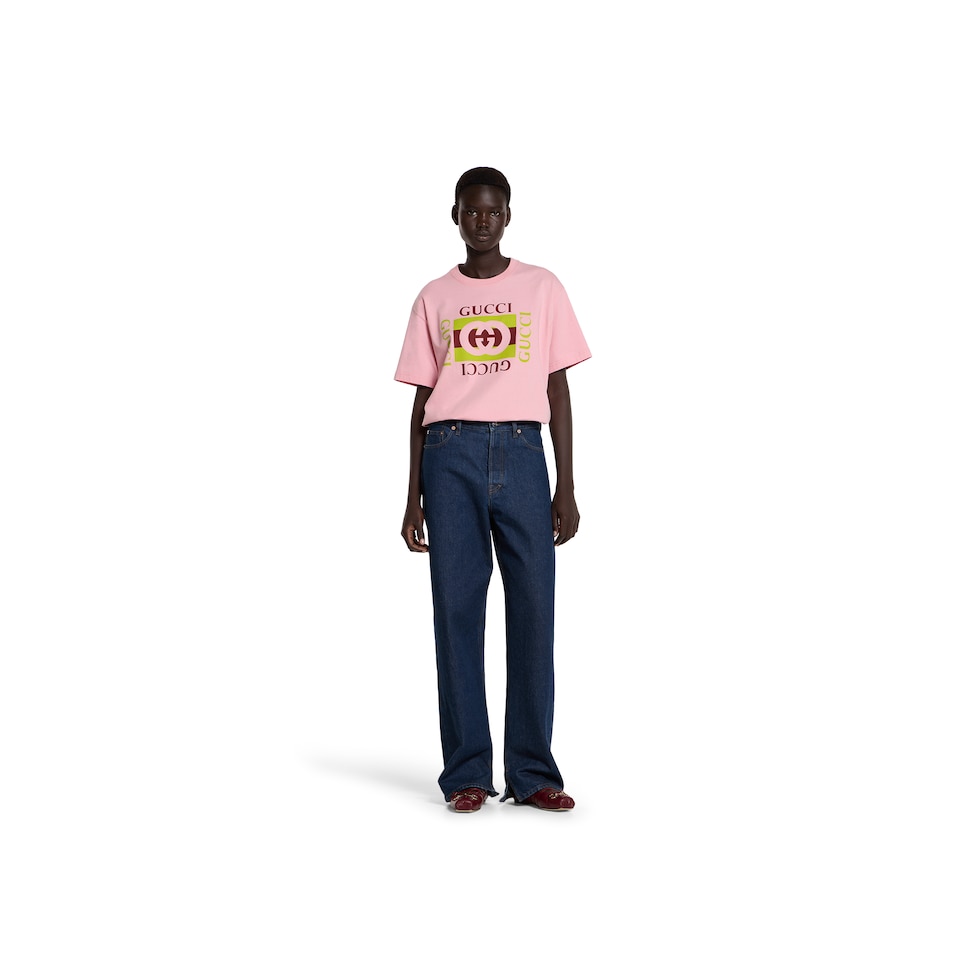 日本未入荷【GUCCI】コットンジャージー クロップド トップ プリント コットンジャージー Tシャツピンク | GUCCI公式