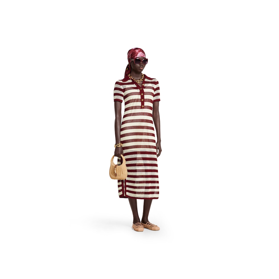 Striped cotton cable knit dress in rosso ancora red and
