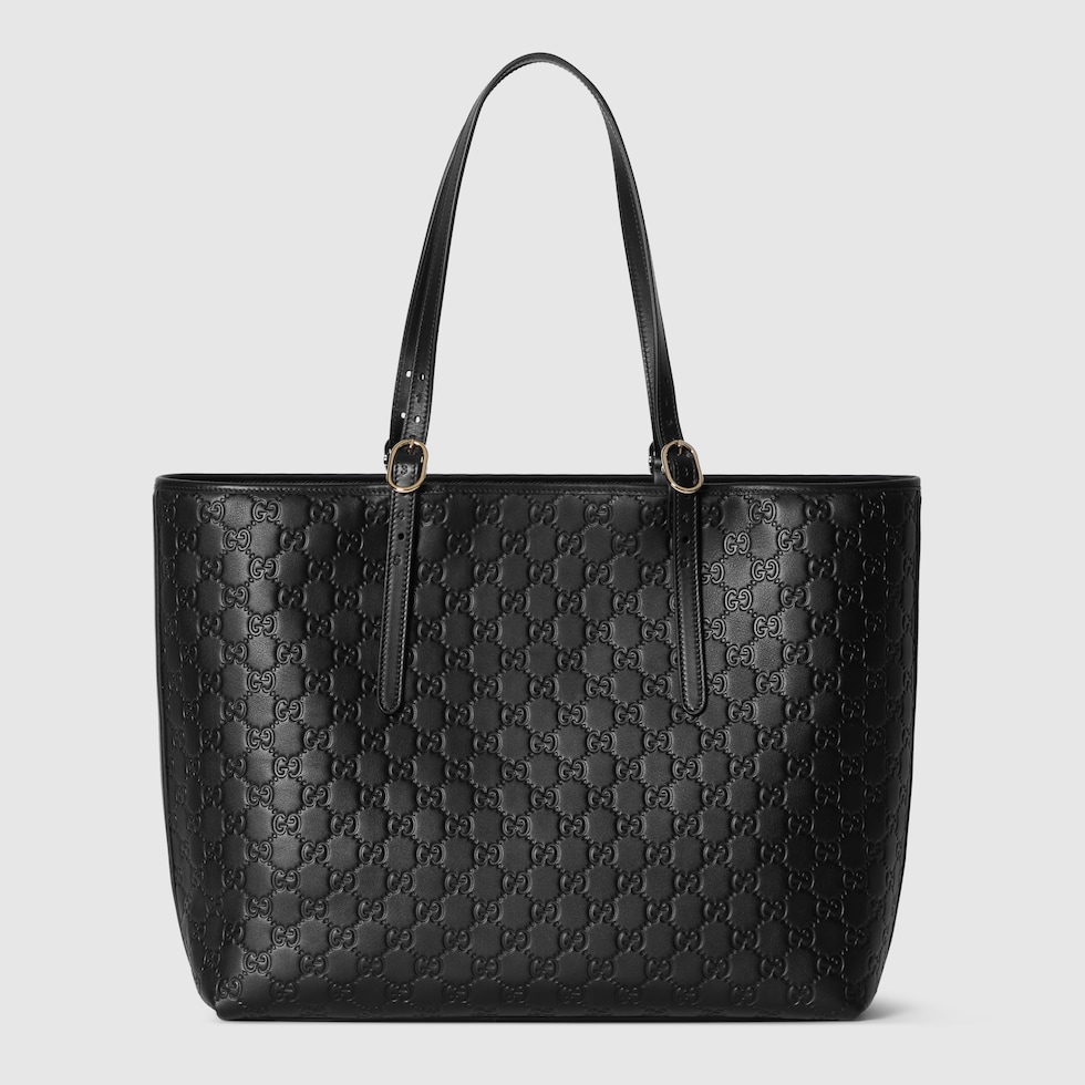 GG Emblem large tote bag in black GG leather | GUCCI® NZ