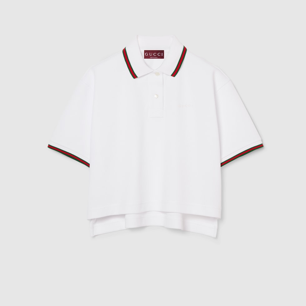 Cotton piquet polo with Web collar in ivory | GUCCI® US