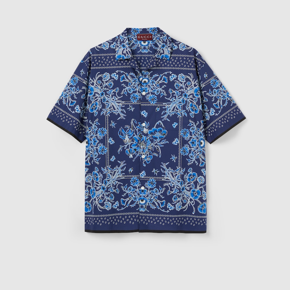 プリント コットンポプリン ボウリングシャツブルー | GUCCI公式