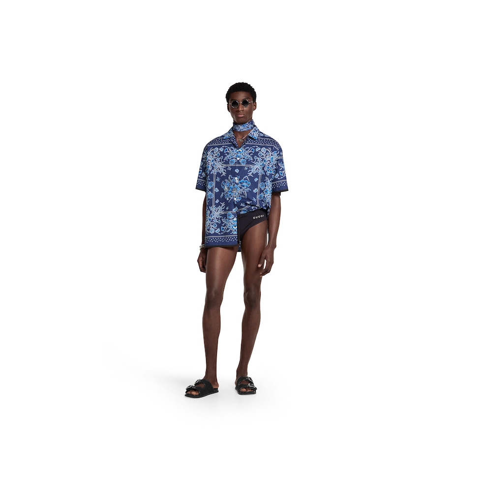 Printed cotton poplin bowling shirt in blue | GUCCI® US