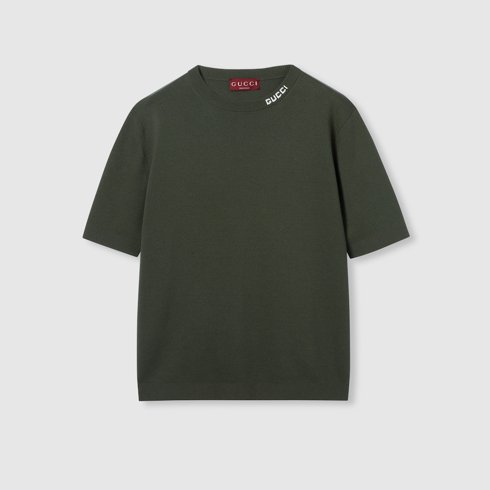 Silk cotton knit T-shirt with intarsia in forest green