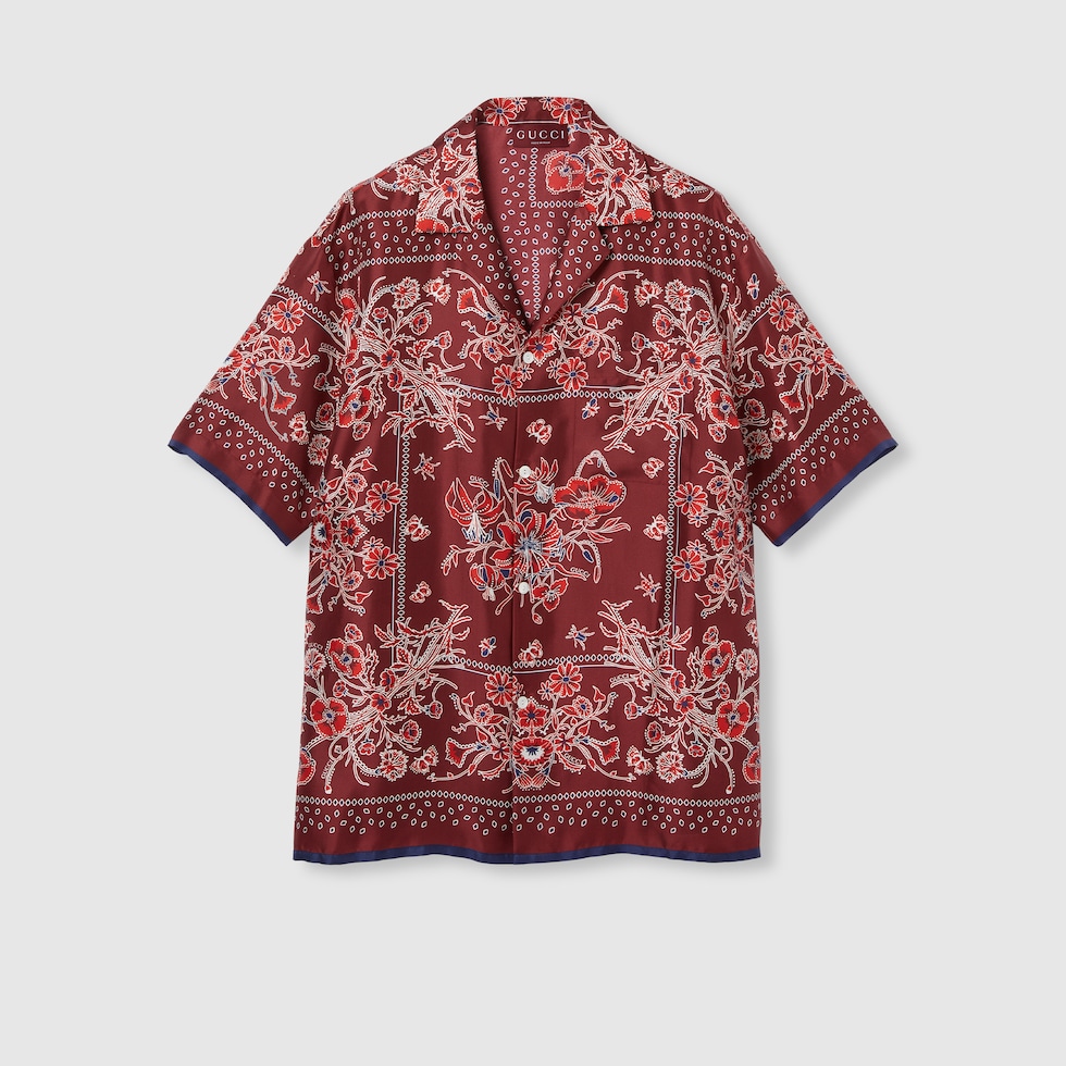 Printed silk twill bowling shirt in Gucci Rosso Ancora red