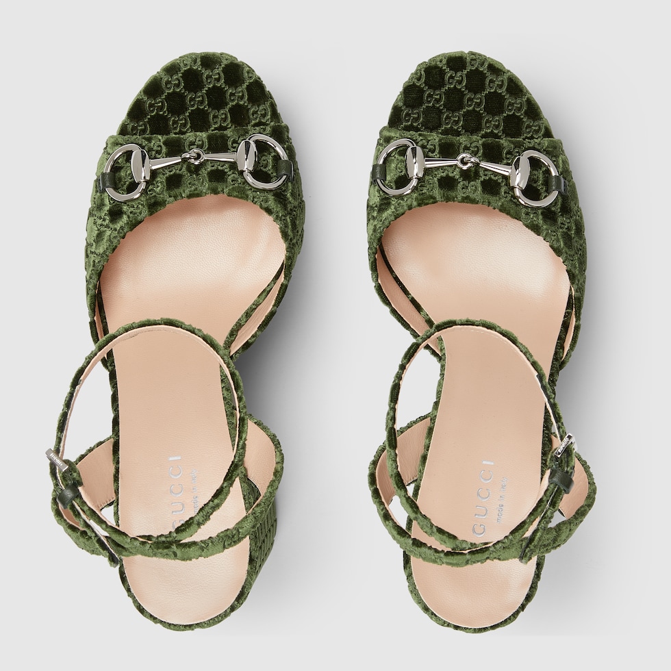 Women's platform sandal with Horsebit in green velvet | GUCCI® US