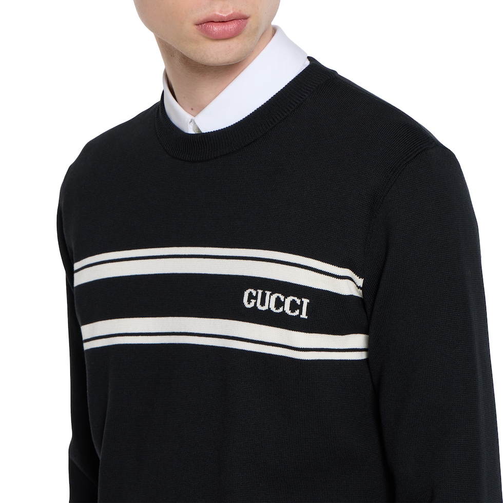 Gucci シルクセーター Silk cotton sweater with intarsia in black and white | GUCCI® US