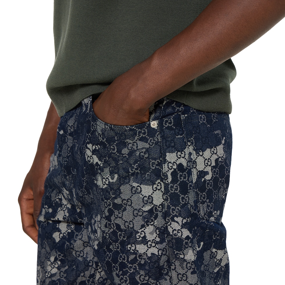 GG jacquard denim pant in dark blue and ivory | GUCCI® CA