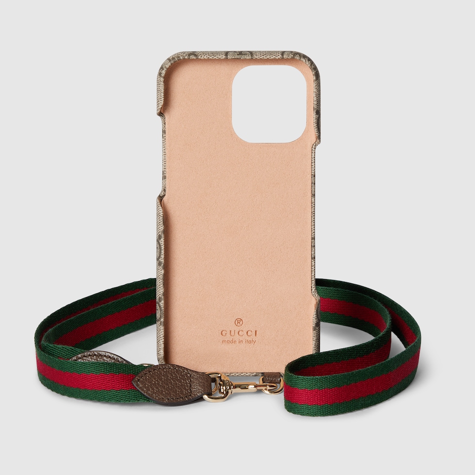 Ophidia lanyard iPhone 16 Pro Max holder in beige and brown GG