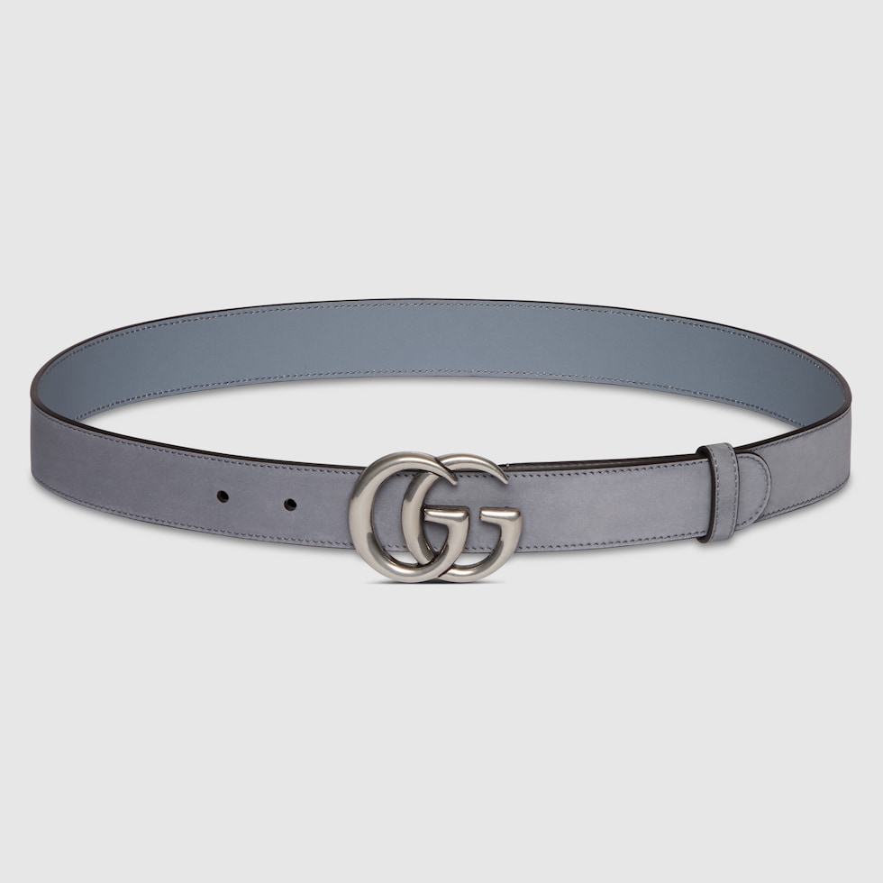 【GUCCI】GGマーモントレザートリムベルト GG Marmont thin belt in grey suede | GUCCI® US